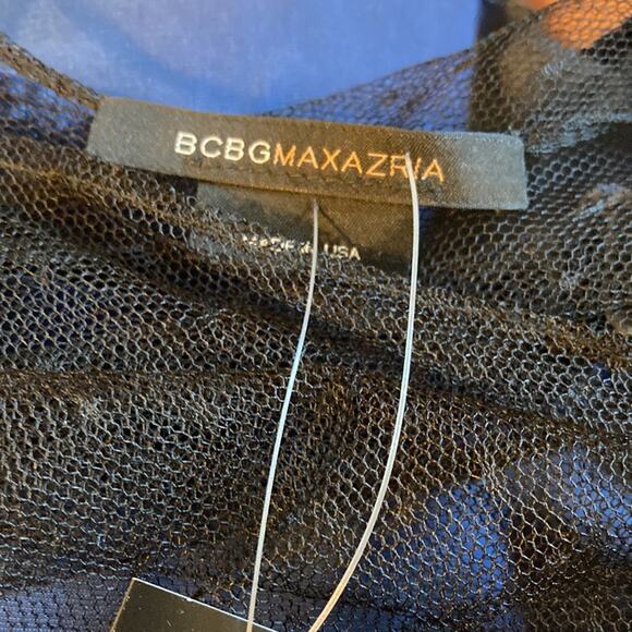 NWT BCBGMaxAzria Navy Velvet & Black Lace Sleeve Top Sz Small - Picture 10 of 11